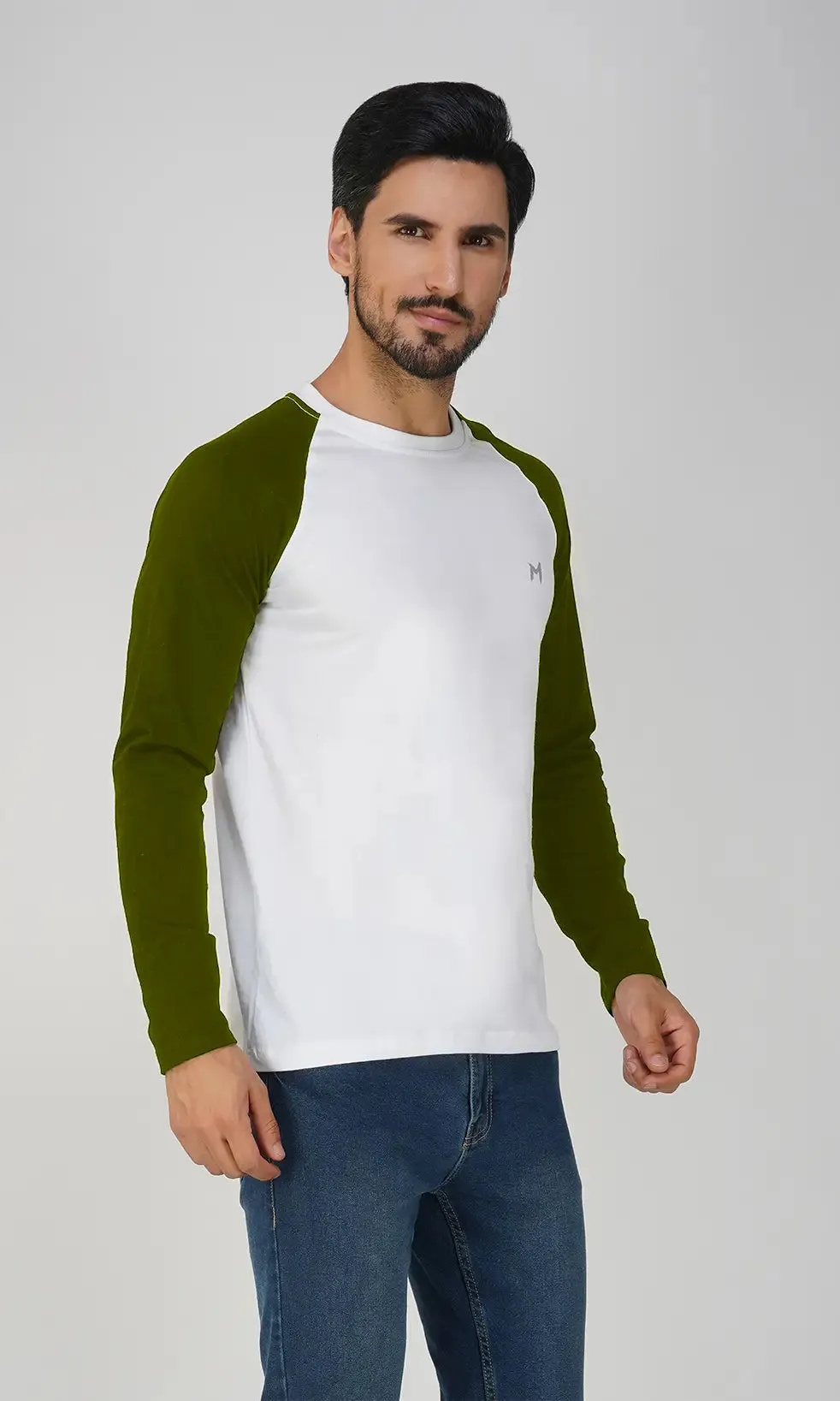 Mebadass Men's Fullsleeve  Raglan T-shirt - Olive White