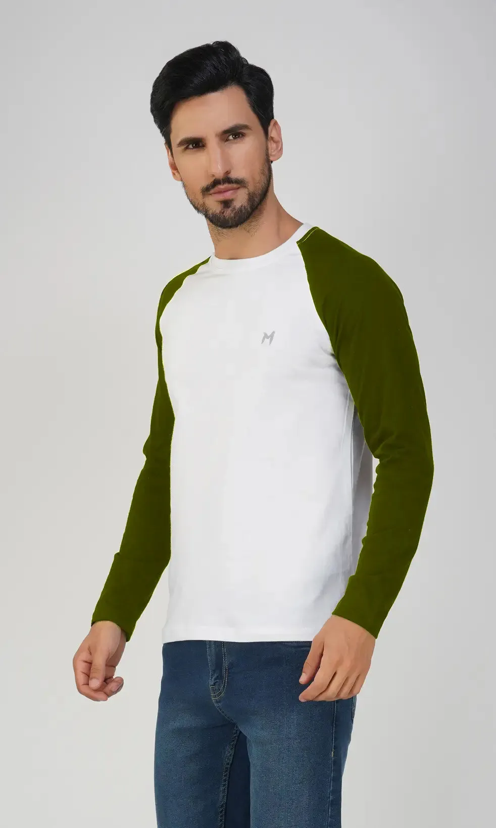 Mebadass Men's Fullsleeve  Raglan T-shirt - Olive White