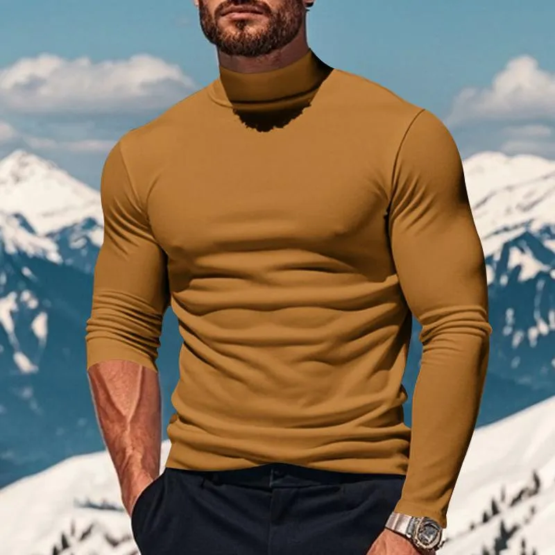 Men's Solid Color Plush Half High Collar Long Sleeve T-shirt 26794647Z