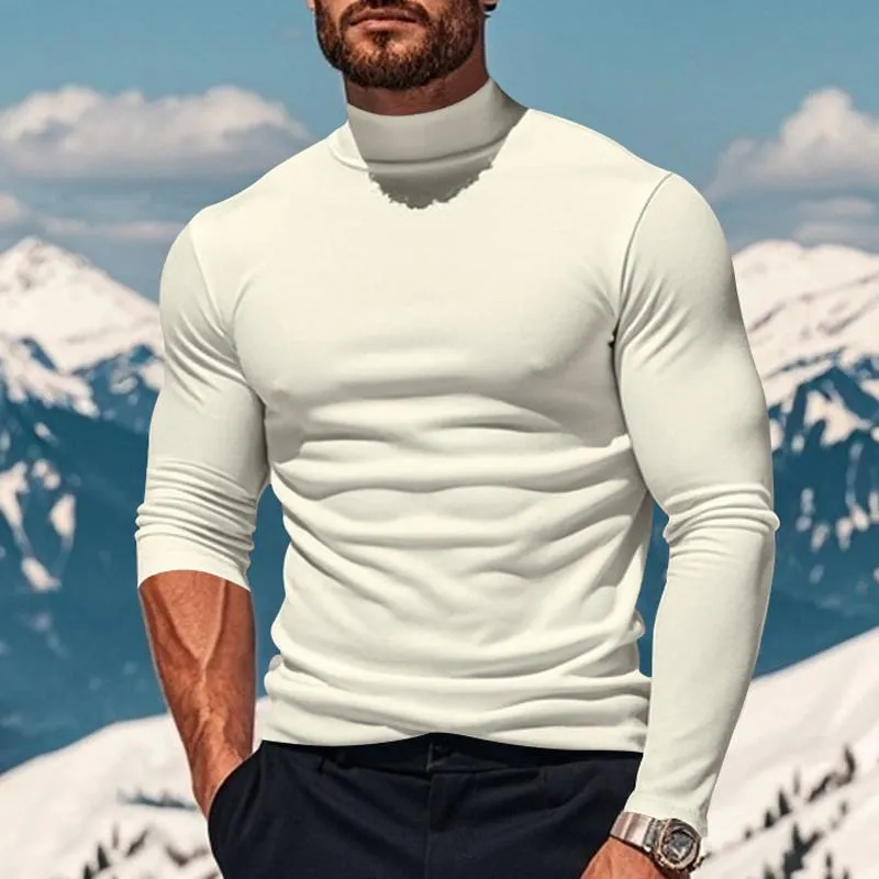 Men's Solid Color Plush Half High Collar Long Sleeve T-shirt 26794647Z