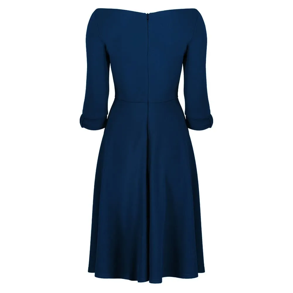 Navy Blue 3/4 Sleeve Bardot Vintage Fit And Flare Midi Dress