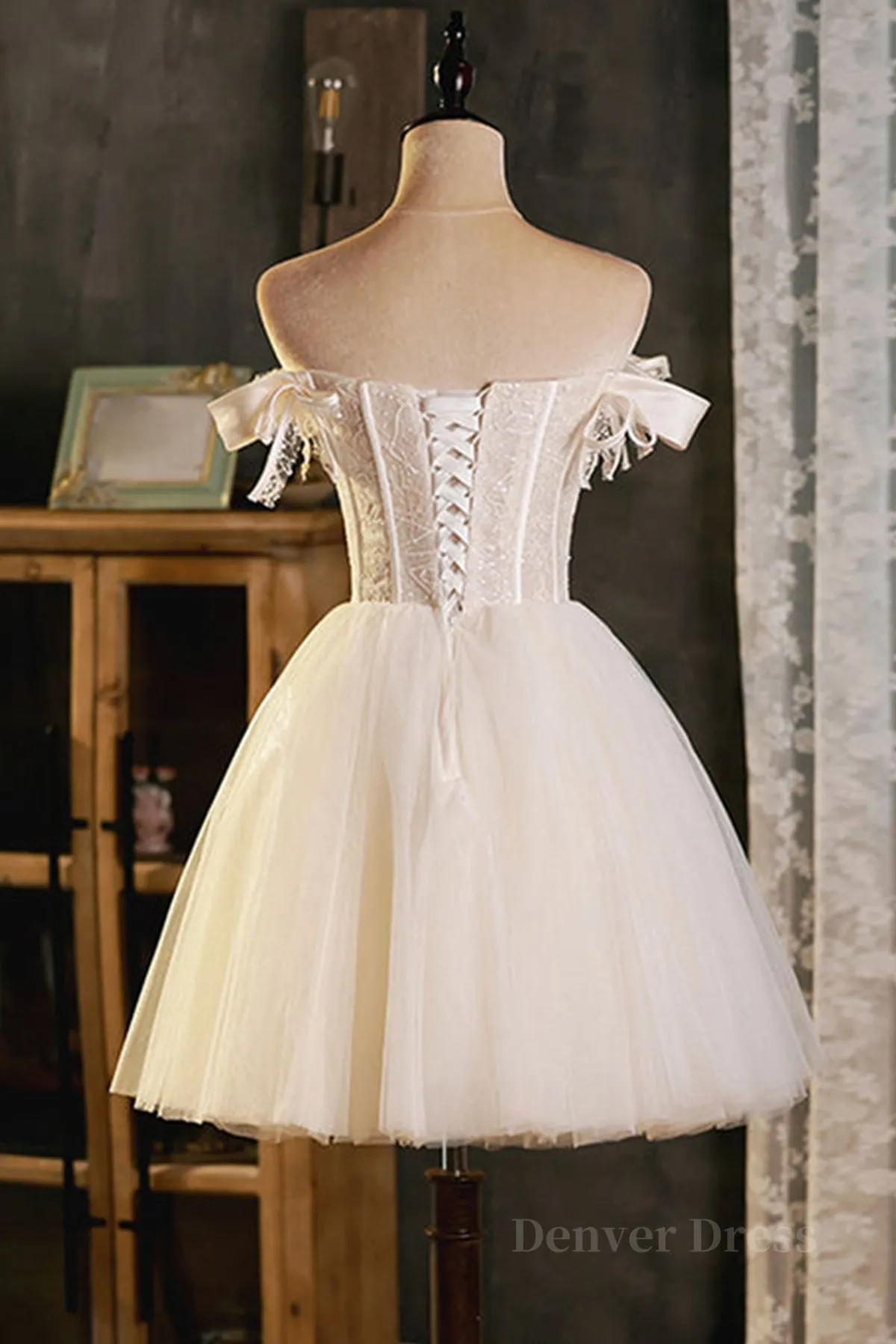 Off Shoulder Ivory Prom Dresses Short Ivory Homecoming Dresses Formal Graduation Evening Dresses