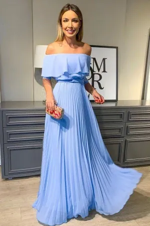 Off the Shoulder Chiffon A-line Long Prom Dresses,Blue Simple Formal Dress