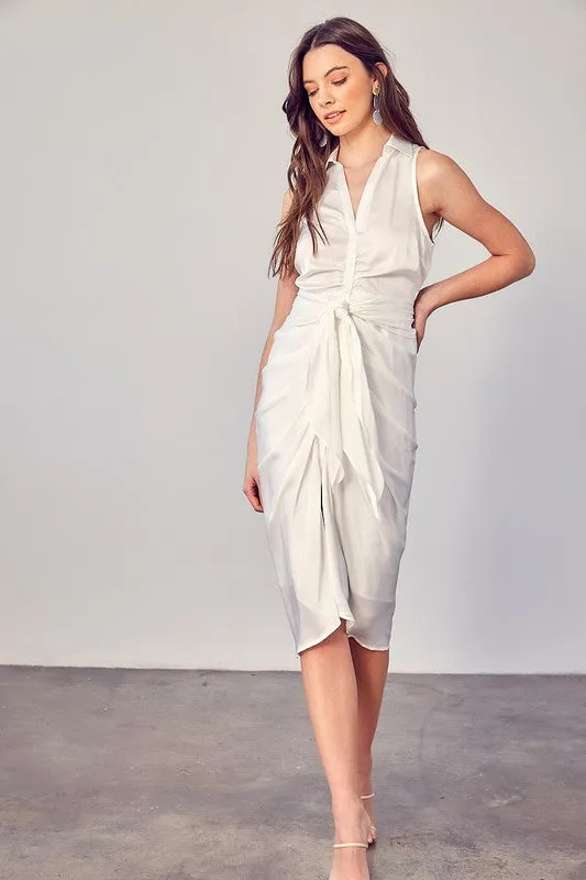 Off White Sleeveless Collar Front Tie Dress