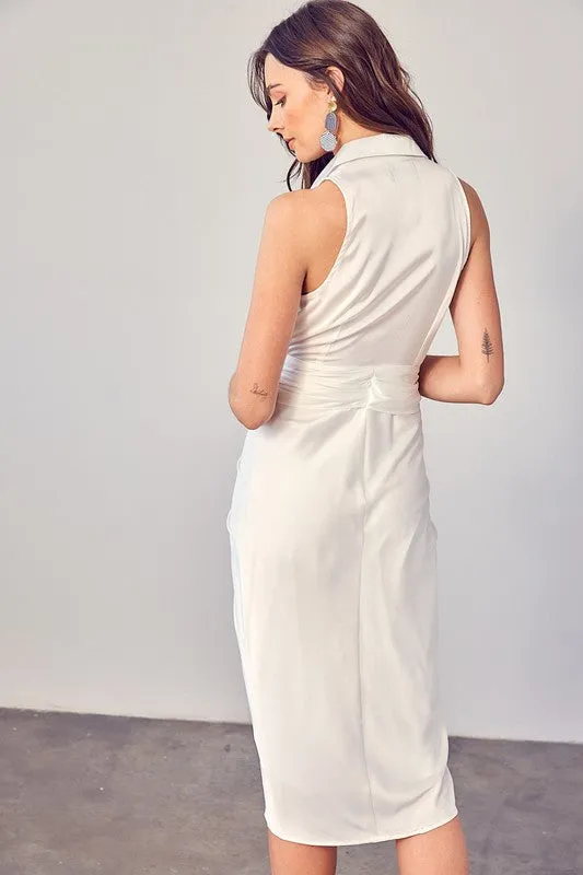 Off White Sleeveless Collar Front Tie Dress