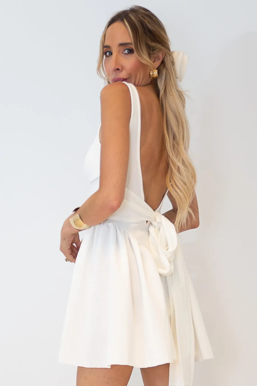 Open Back Flare Mini Dress - White