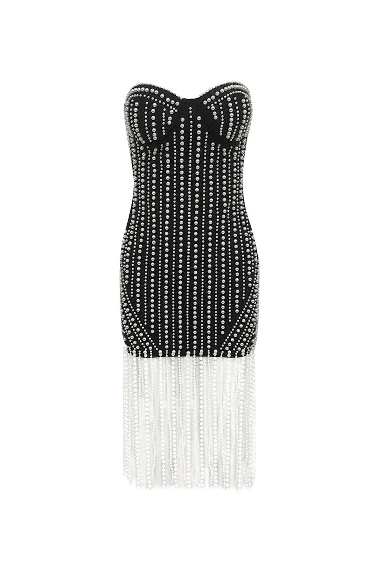 Opulent Sweetheart Strapless Faux Pearl Fringe Sheath Bandage Party Mini Dress