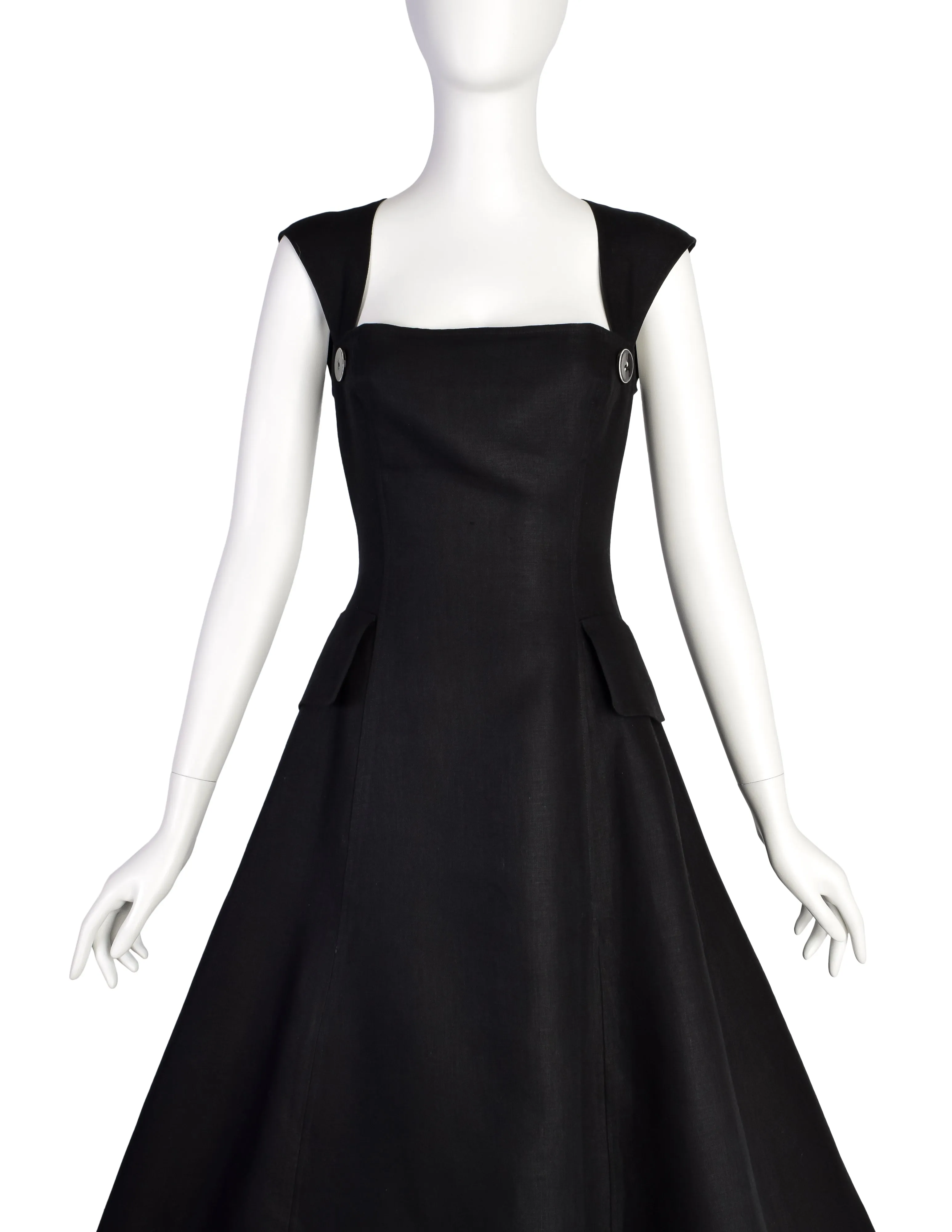 Oscar de la Renta Vintage SS 1993 Black Crisp Linen Full Flared Skirt Dress