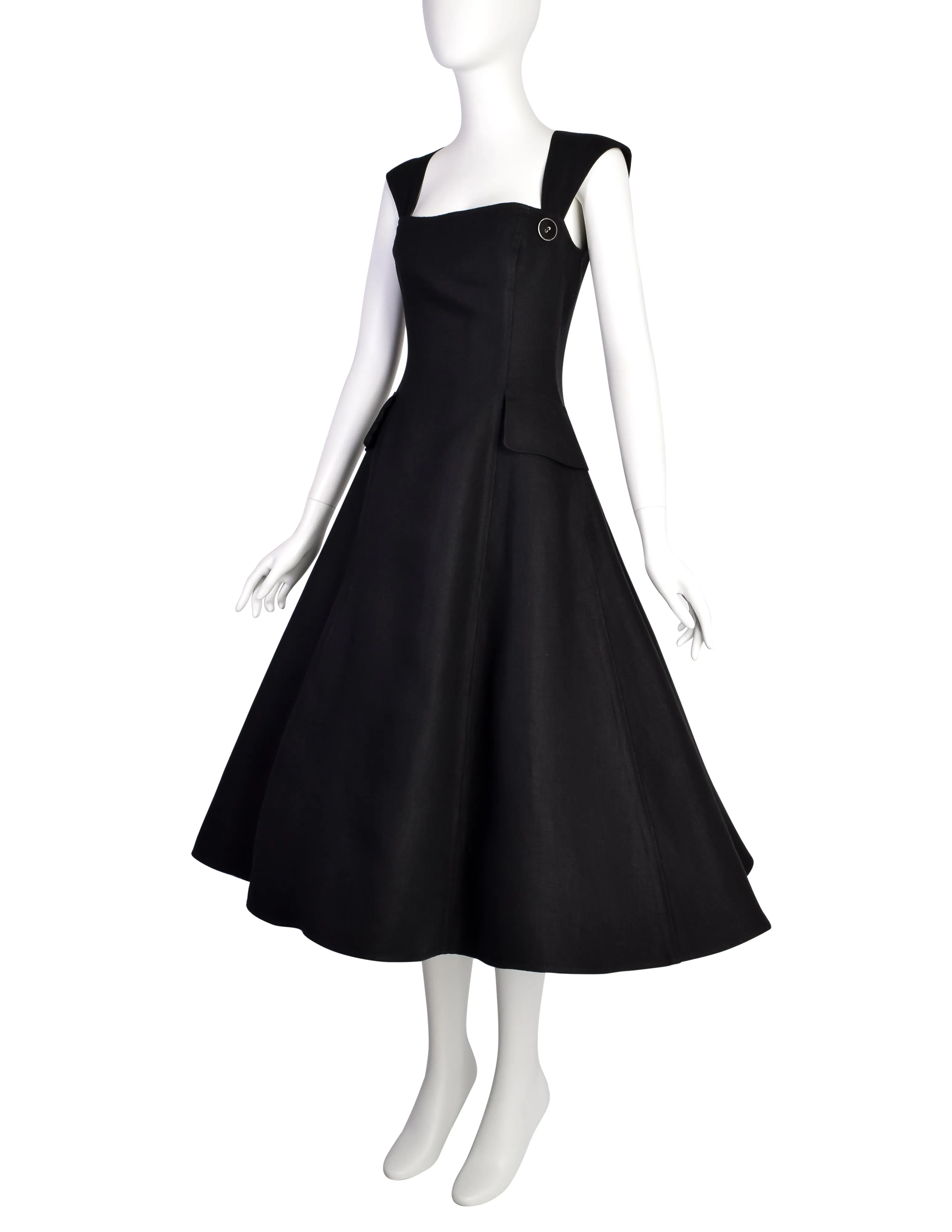 Oscar de la Renta Vintage SS 1993 Black Crisp Linen Full Flared Skirt Dress