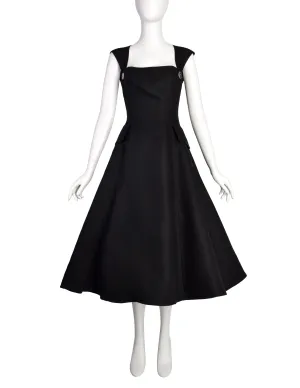 Oscar de la Renta Vintage SS 1993 Black Crisp Linen Full Flared Skirt Dress