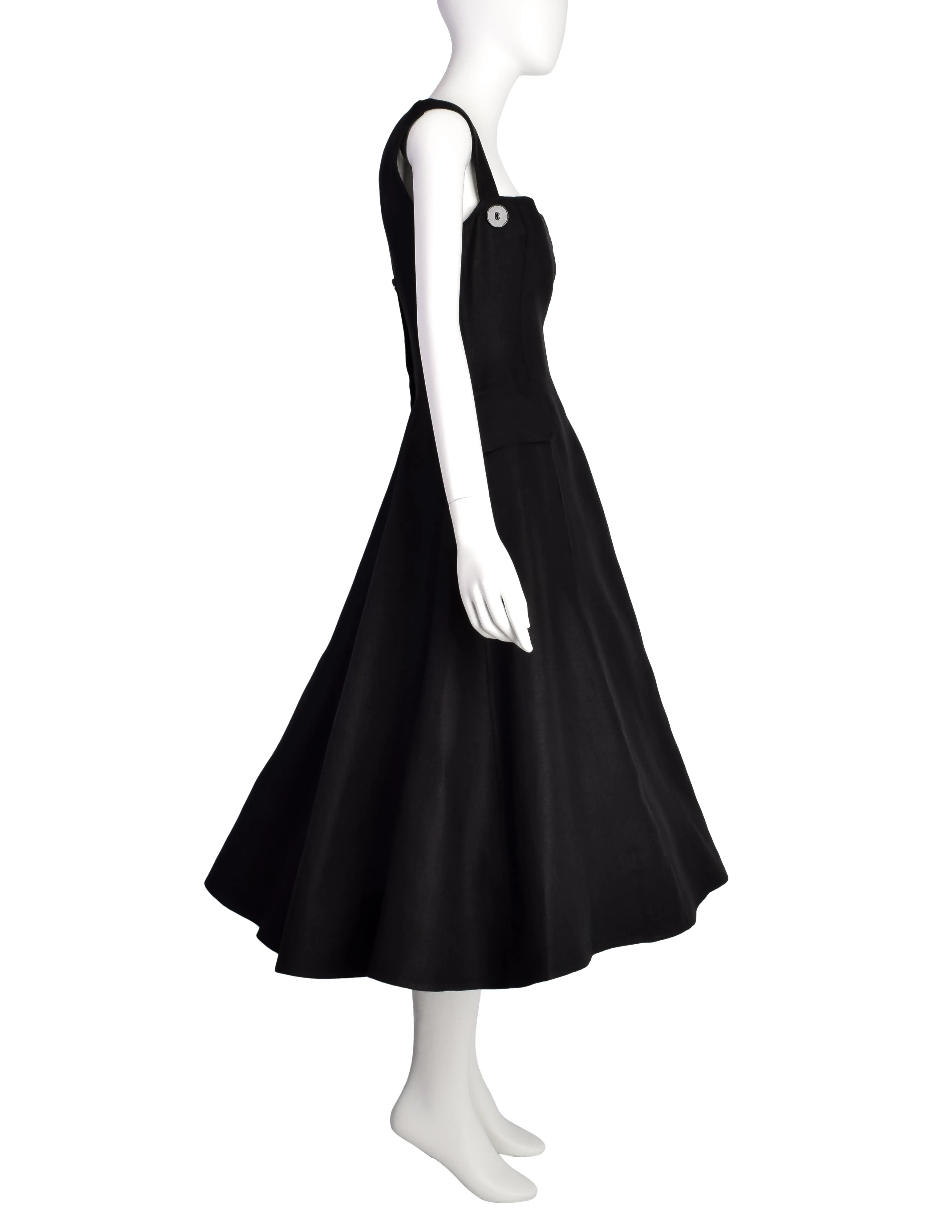 Oscar de la Renta Vintage SS 1993 Black Crisp Linen Full Flared Skirt Dress