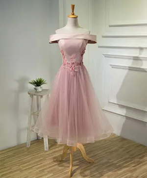 Pink A Line Off Shoulder Tea Length Prom Dress, Lace Homecoming Dresses