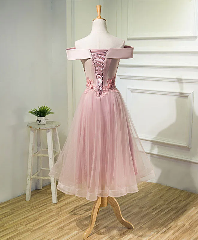 Pink A Line Off Shoulder Tea Length Prom Dress, Lace Homecoming Dresses