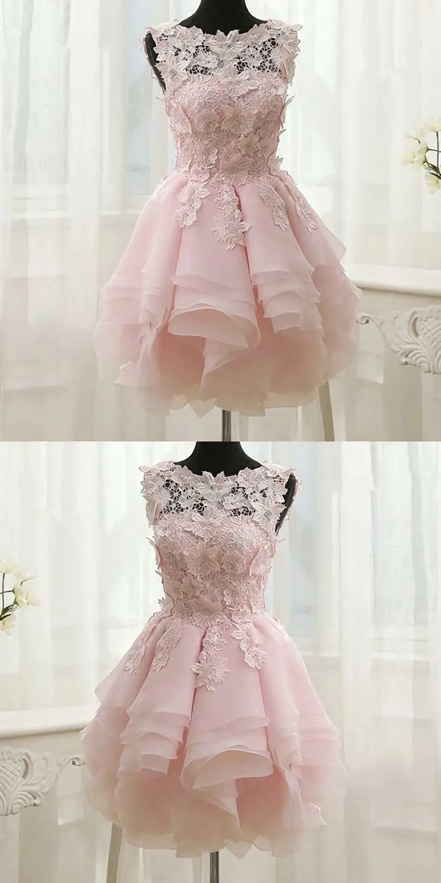 Pink Appliques Organza Tiered Short Homecoming Dress Simple Homecoming Dresses