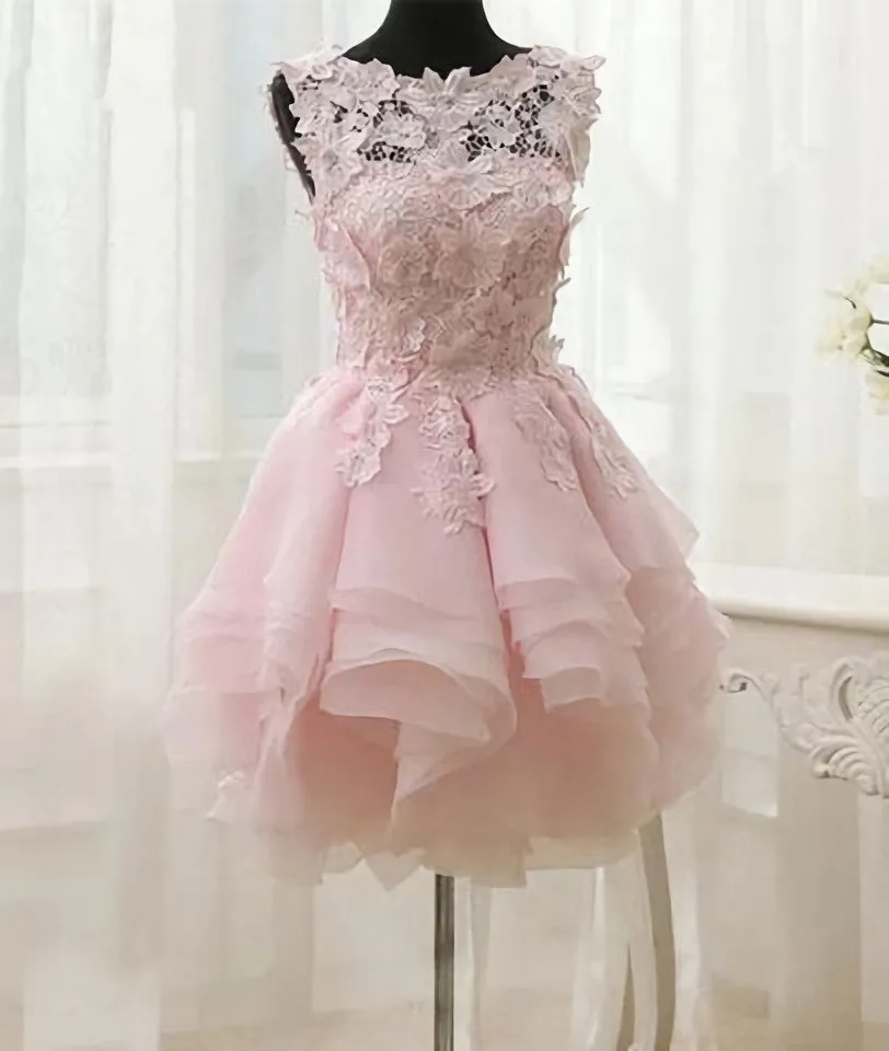 Pink Appliques Organza Tiered Short Homecoming Dress Simple Homecoming Dresses