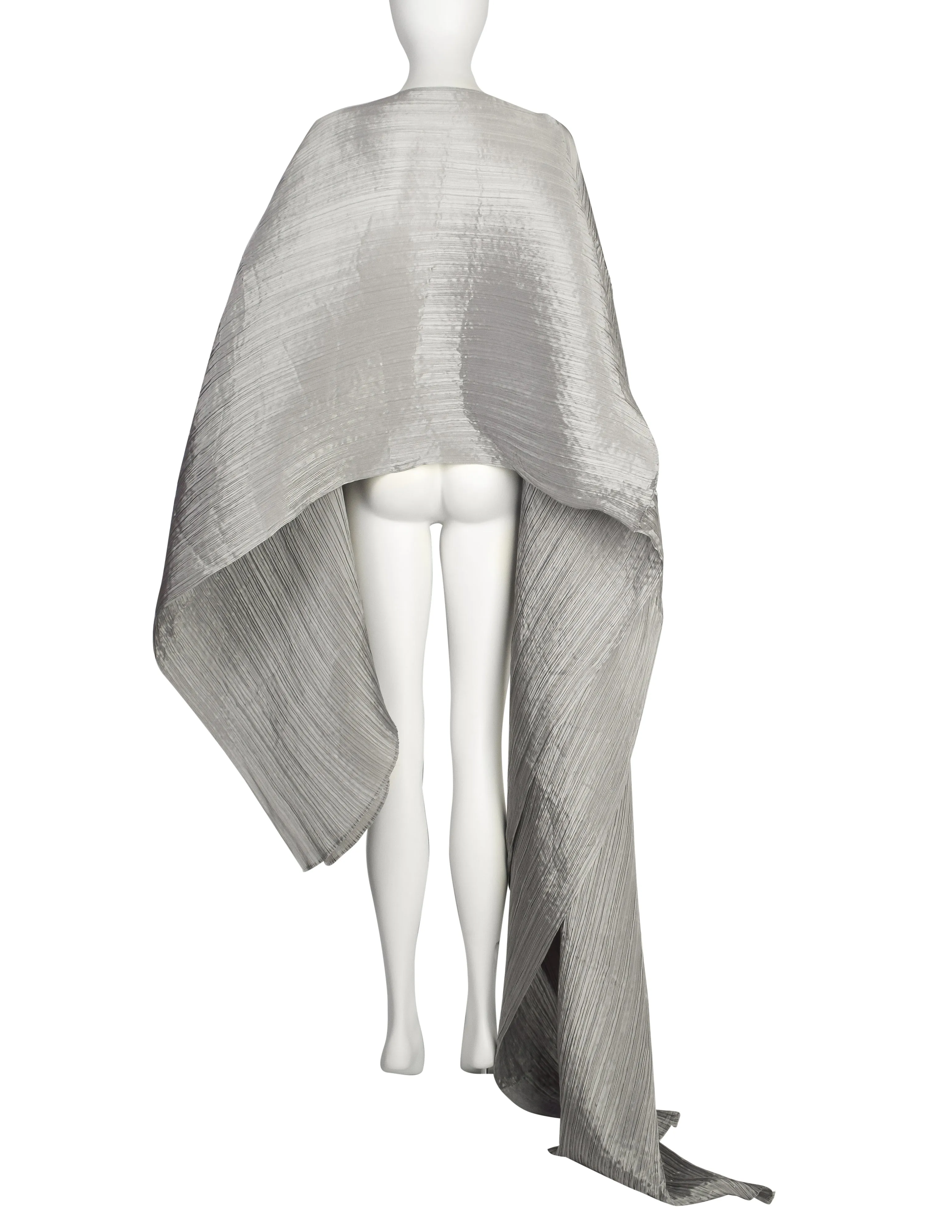 Pleats Please by Issey Miyake Vintage Silver Dramatic Madame T Wrap Cape Tunic Caftan Dress