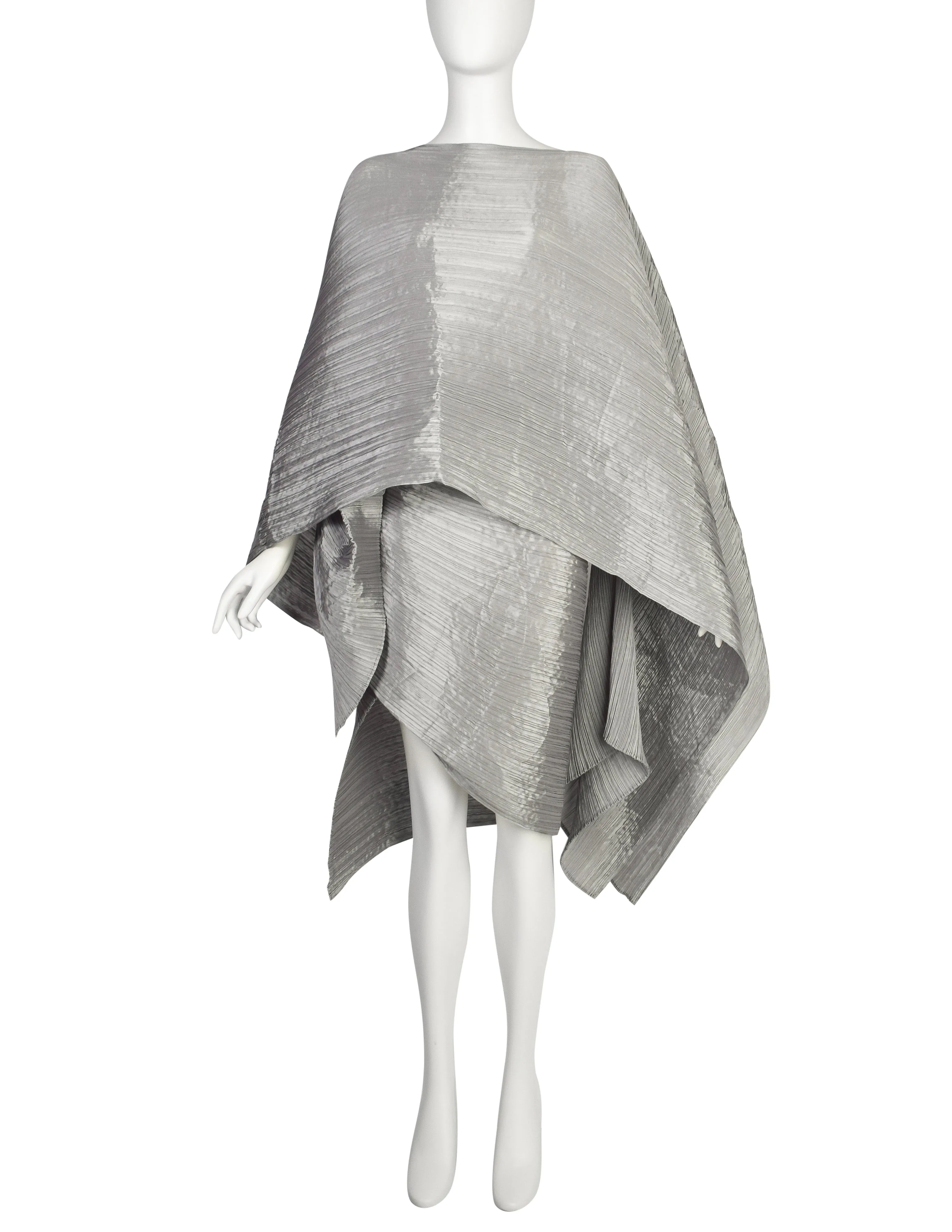 Pleats Please by Issey Miyake Vintage Silver Dramatic Madame T Wrap Cape Tunic Caftan Dress