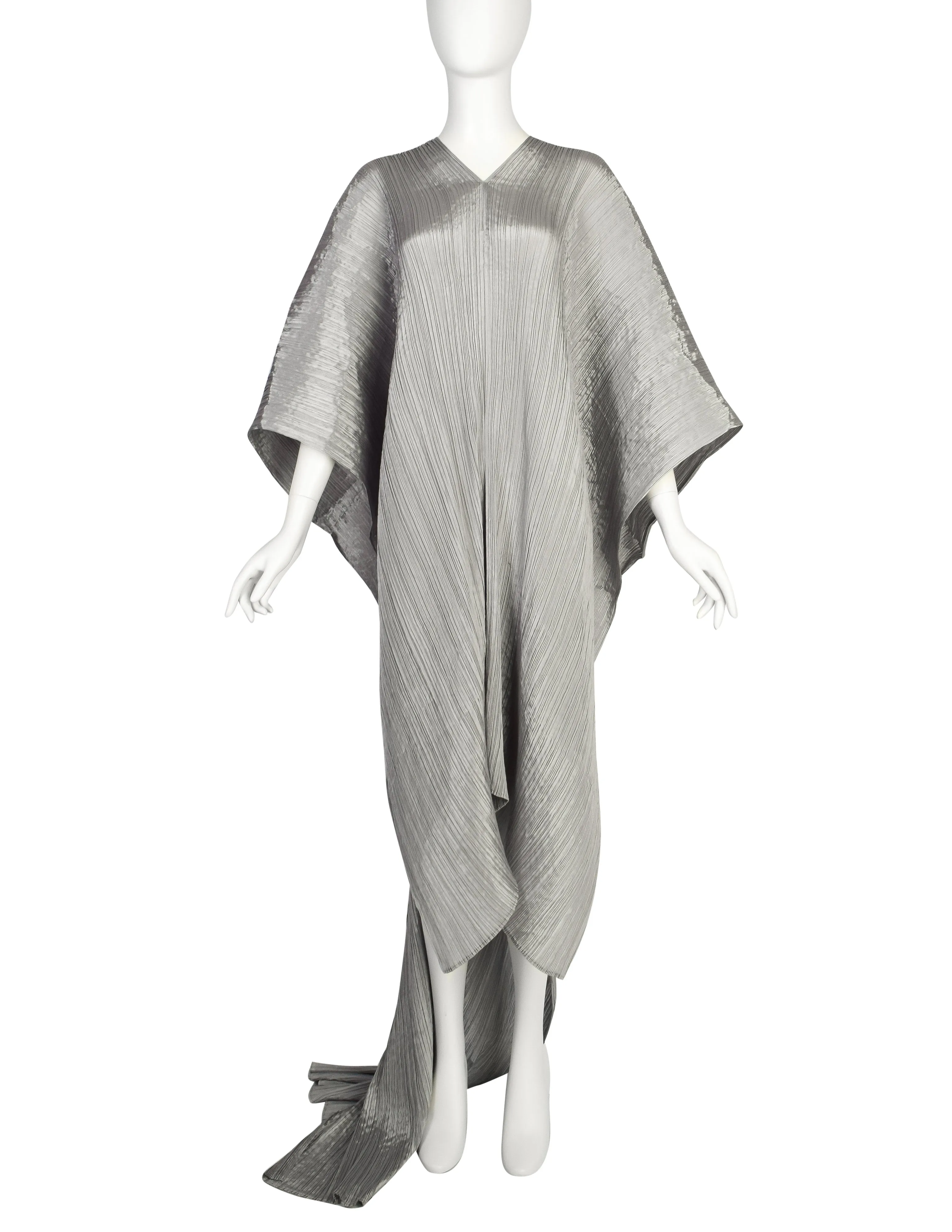 Pleats Please by Issey Miyake Vintage Silver Dramatic Madame T Wrap Cape Tunic Caftan Dress