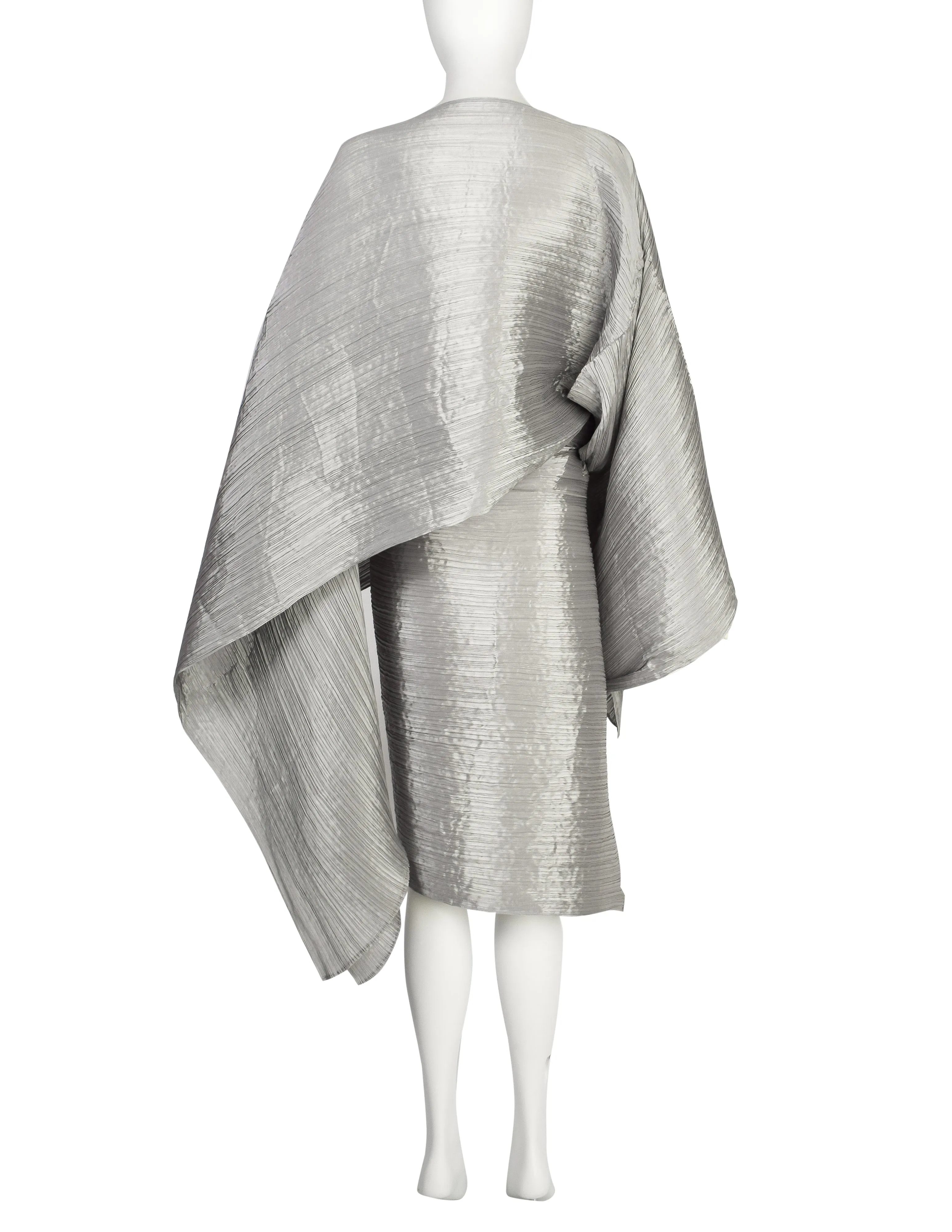 Pleats Please by Issey Miyake Vintage Silver Dramatic Madame T Wrap Cape Tunic Caftan Dress