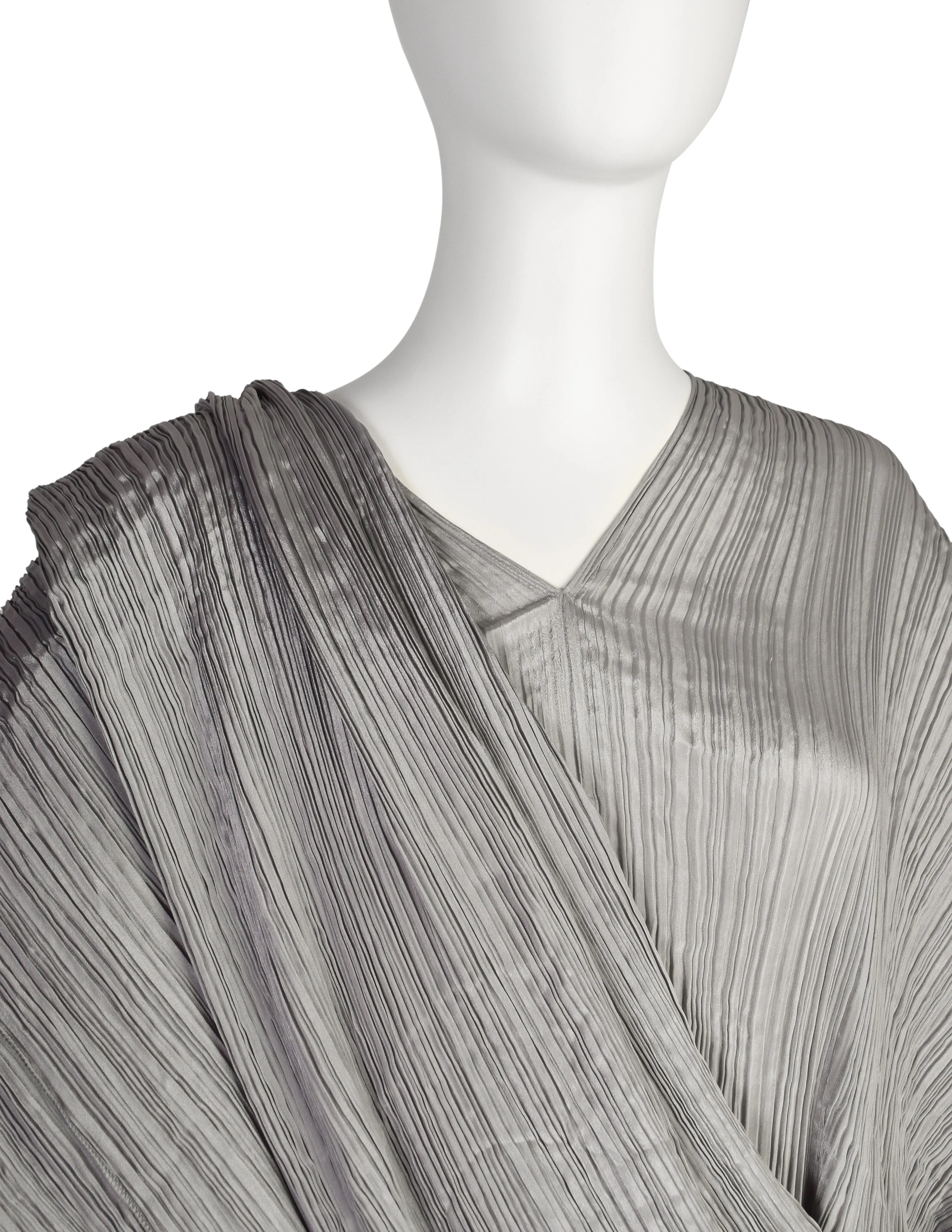 Pleats Please by Issey Miyake Vintage Silver Dramatic Madame T Wrap Cape Tunic Caftan Dress