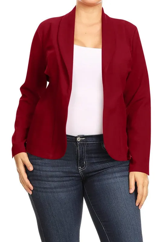 Plus Size Open front Long sleeves Waist length blazer jacket