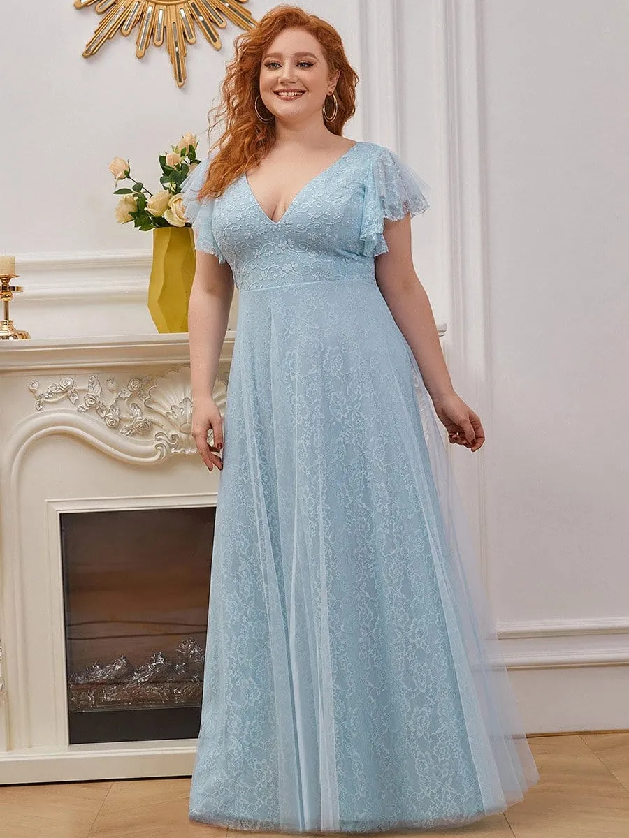 Plus Size Simple Lace Wedding Dress with Ruffle Sleeves