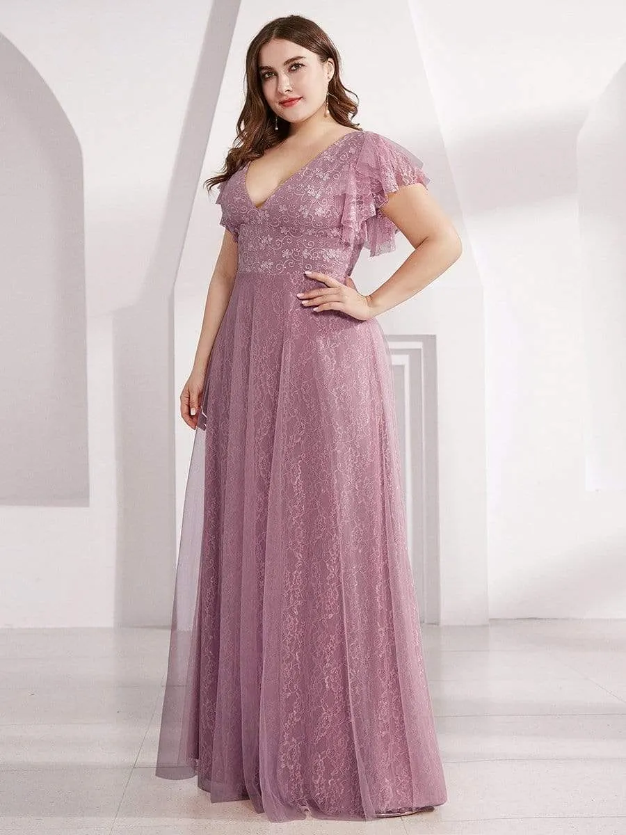 Plus Size Simple Lace Wedding Dress with Ruffle Sleeves