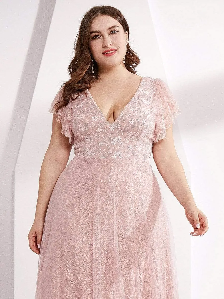 Plus Size Simple Lace Wedding Dress with Ruffle Sleeves