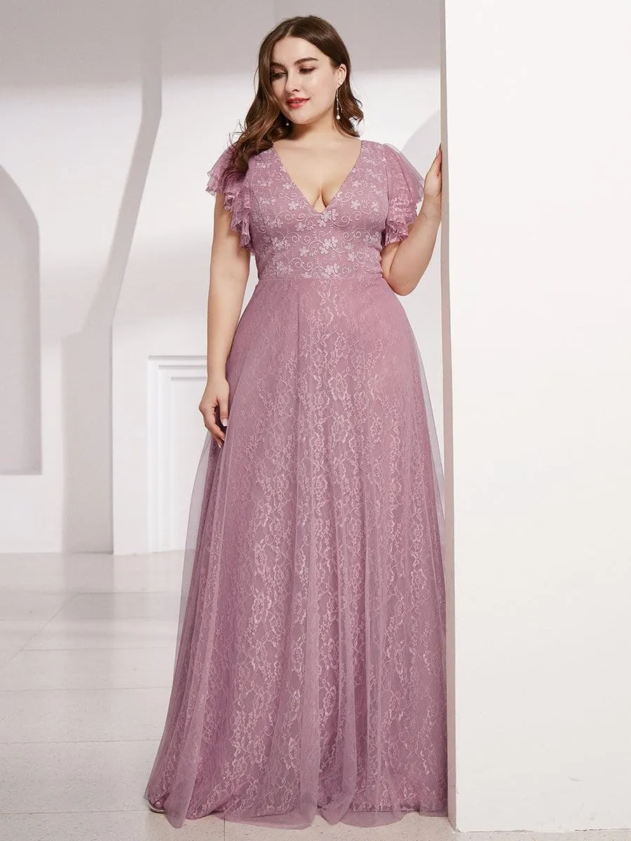 Plus Size Simple Lace Wedding Dress with Ruffle Sleeves