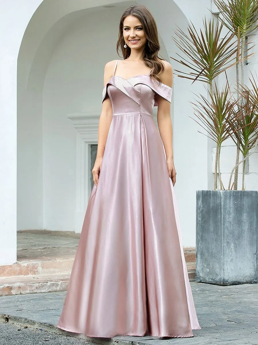 Romantic Off Shoulder with Straps A-Line Box Pleat Long Bridesmaid Dress