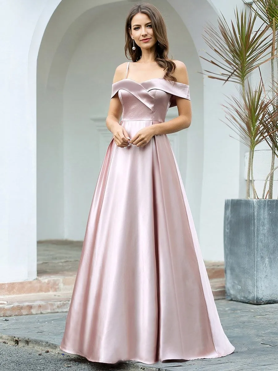 Romantic Off Shoulder with Straps A-Line Box Pleat Long Bridesmaid Dress