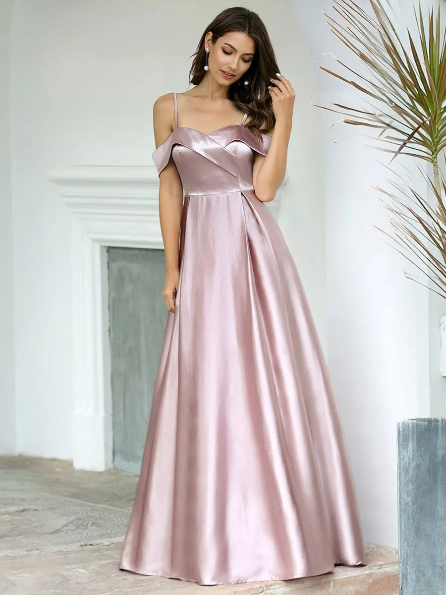 Romantic Off Shoulder with Straps A-Line Box Pleat Long Bridesmaid Dress