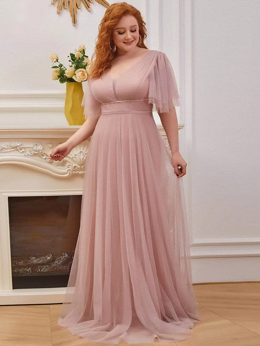 Romantic V Neck Tulle Evening Dress with Ruffle Sleeves