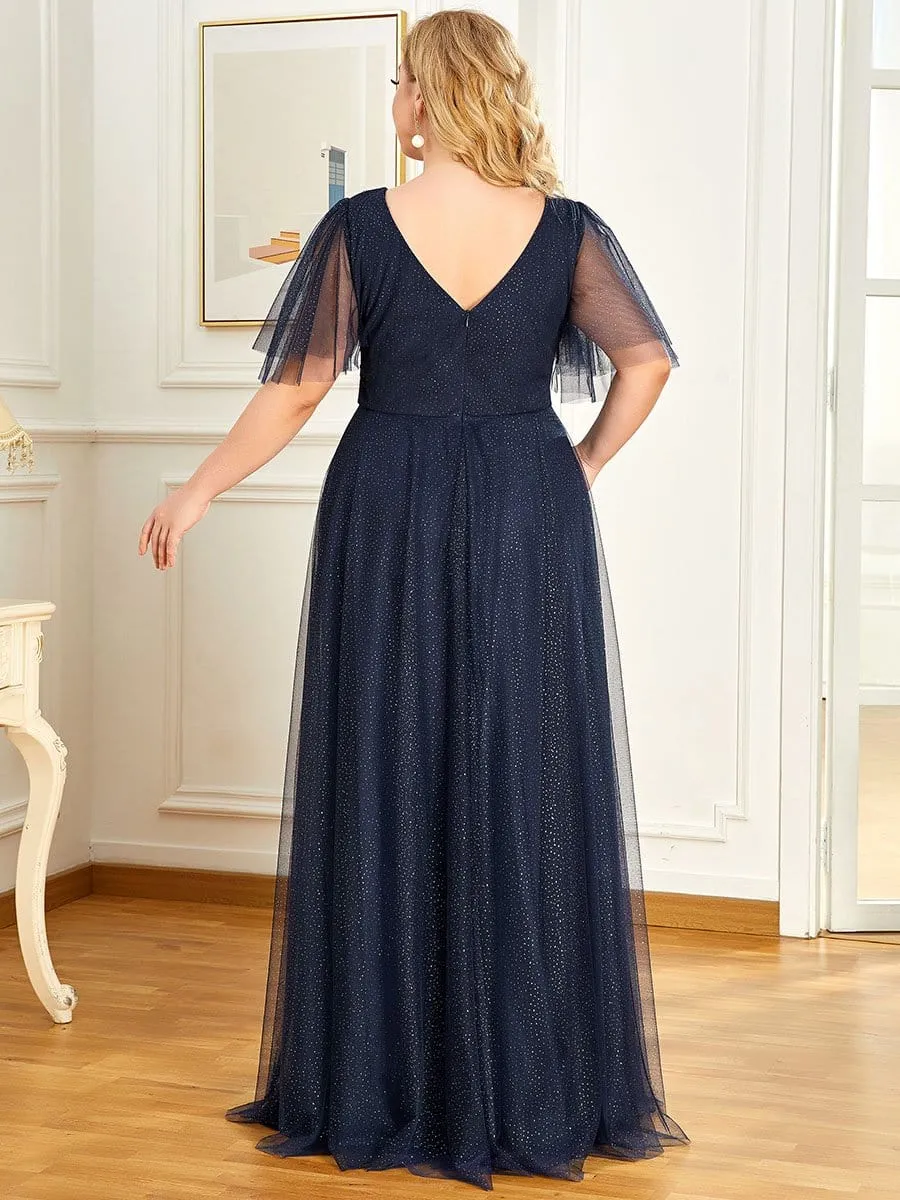 Romantic V Neck Tulle Evening Dress with Ruffle Sleeves