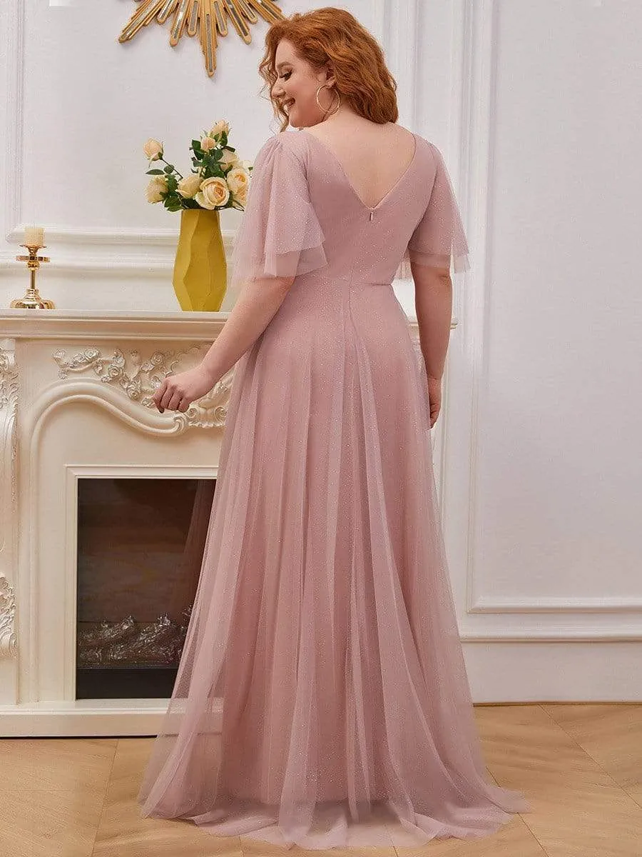 Romantic V Neck Tulle Evening Dress with Ruffle Sleeves