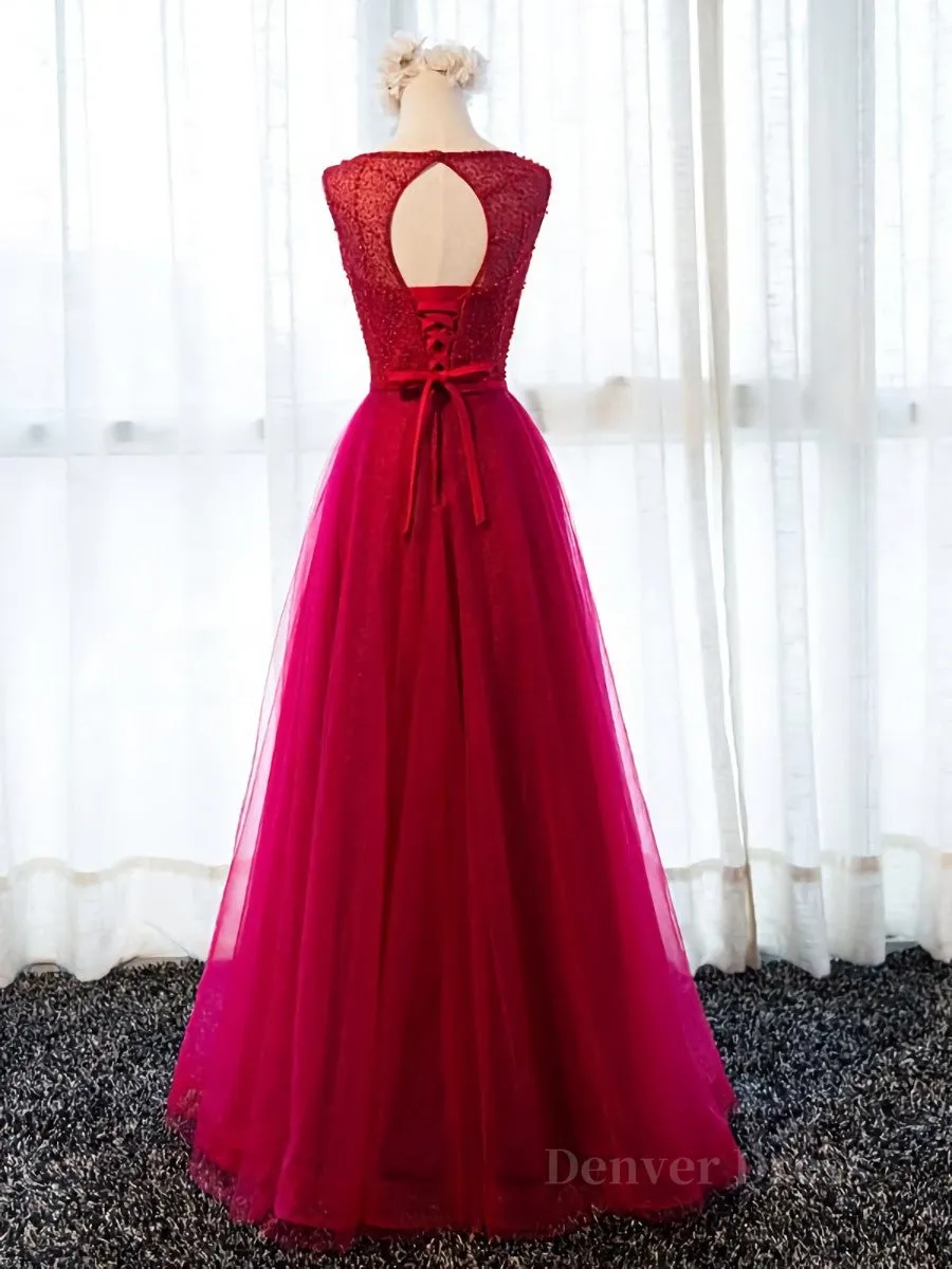 Round Neck Burgundy Beaded Prom Dresses Wine Red Beaded Formal Evening Bridesmaid Dresses