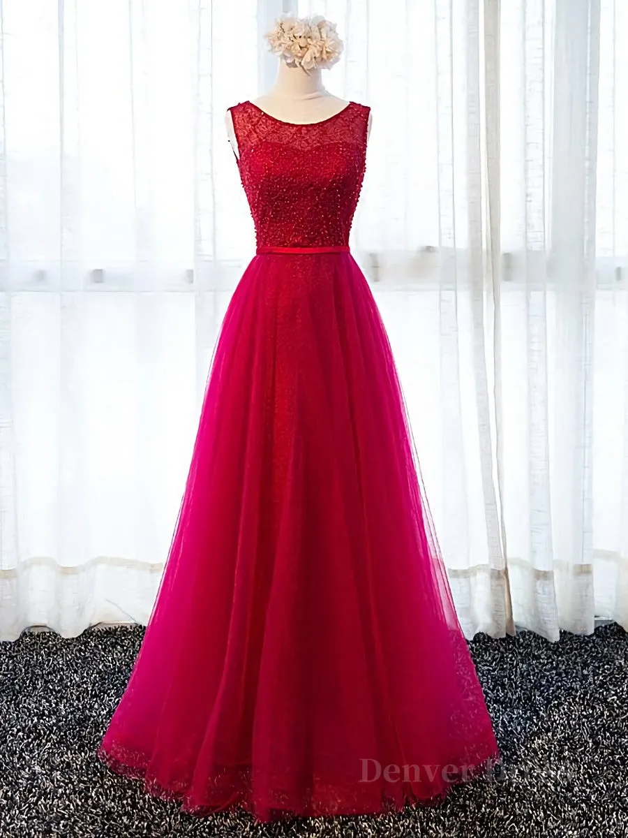 Round Neck Burgundy Beaded Prom Dresses Wine Red Beaded Formal Evening Bridesmaid Dresses