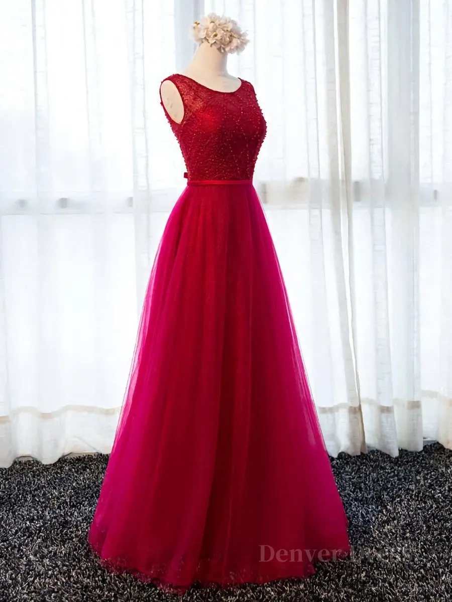 Round Neck Burgundy Beaded Prom Dresses Wine Red Beaded Formal Evening Bridesmaid Dresses