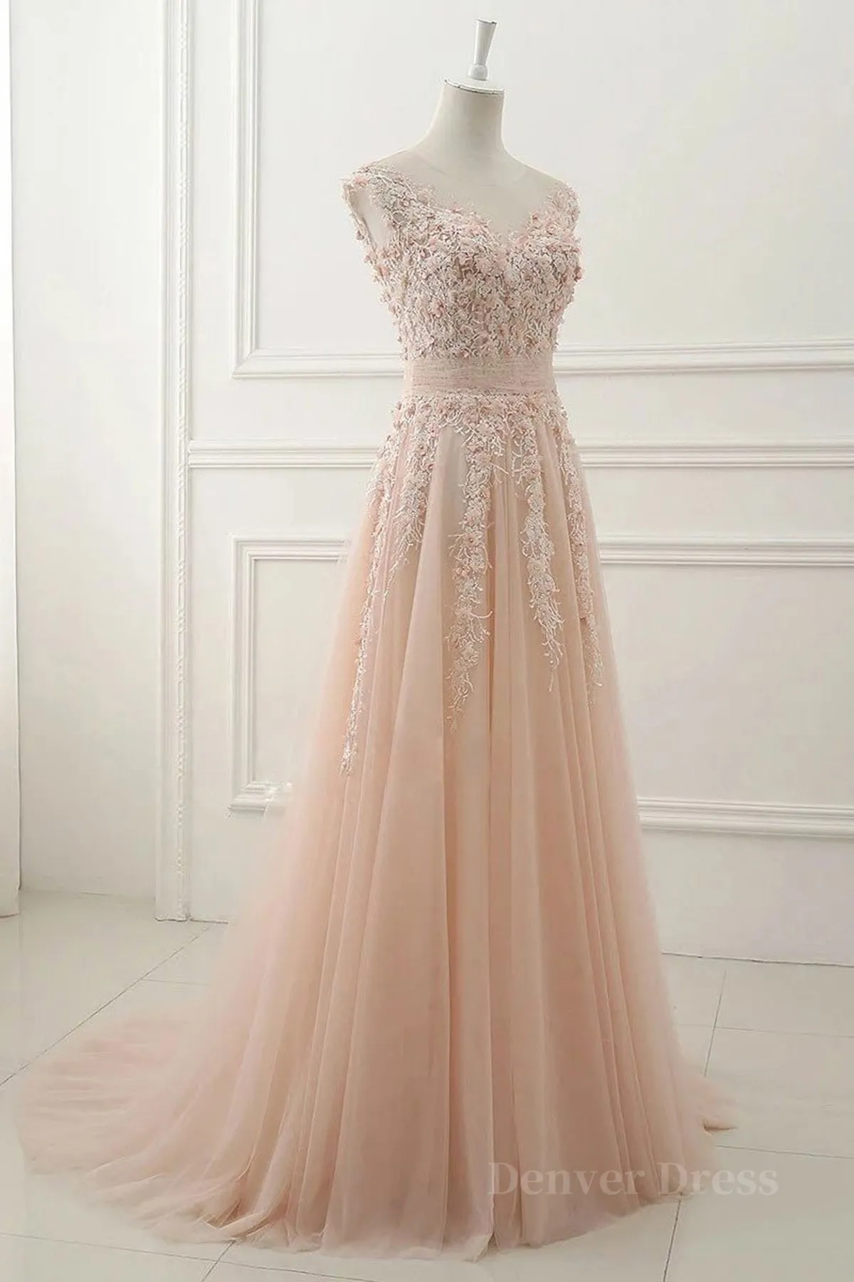 Round Neck Pink Lace Prom Dresses Pink Lace Formal Evening Dresses