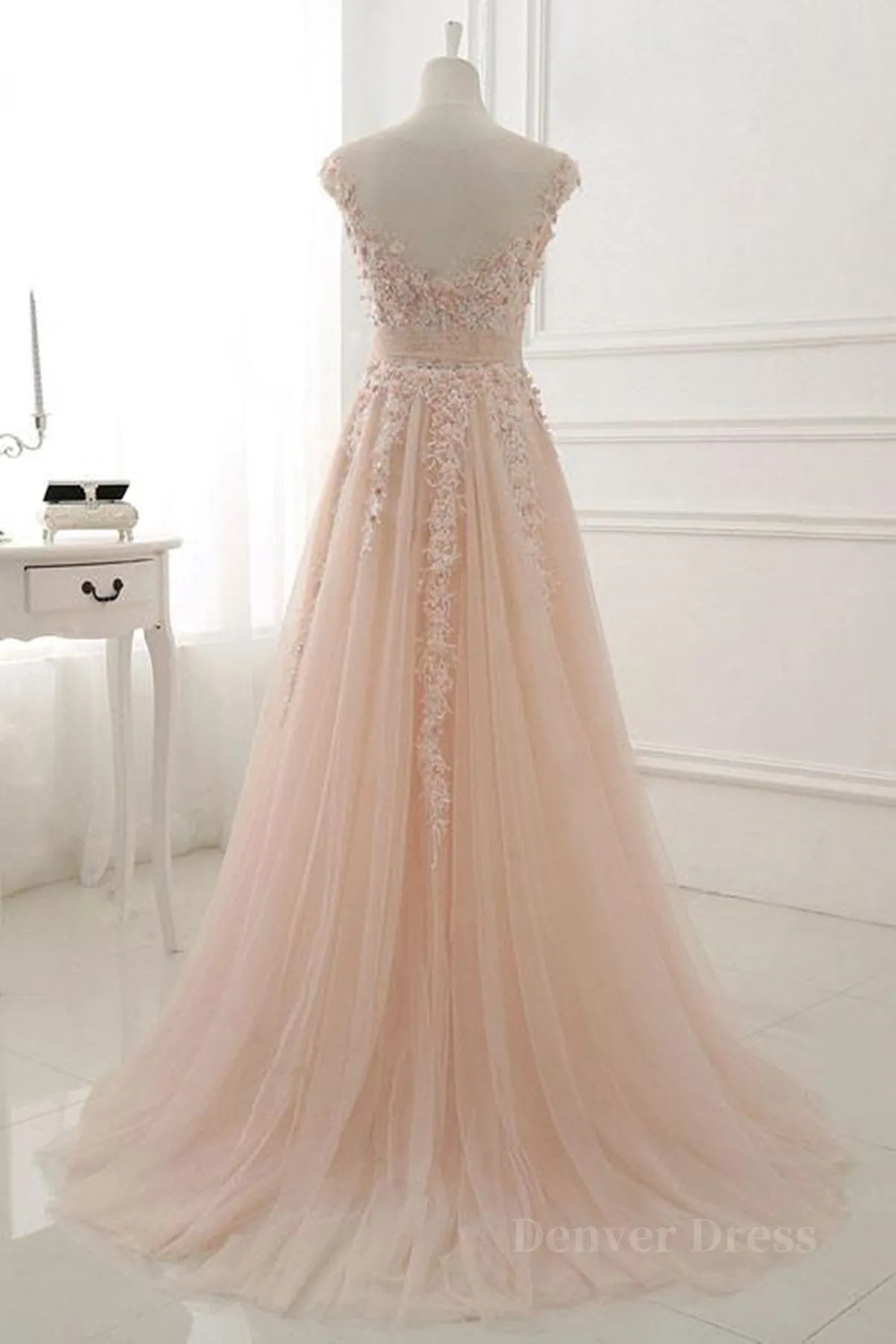 Round Neck Pink Lace Prom Dresses Pink Lace Formal Evening Dresses