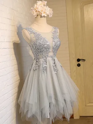 Round Neck Short Gray Lace Prom Dresses, Short Grey Lace Homecoming Dresses