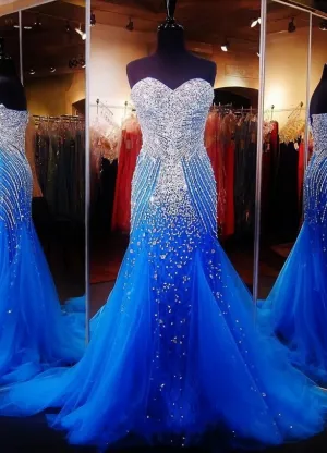 Royal Blue Prom Dresses Royal Blue Prom Dress Silver Beaded Formal Gown Mermaid Beadings Prom Dresses Evening Gowns Tulle Formal Gown For Senior Teens