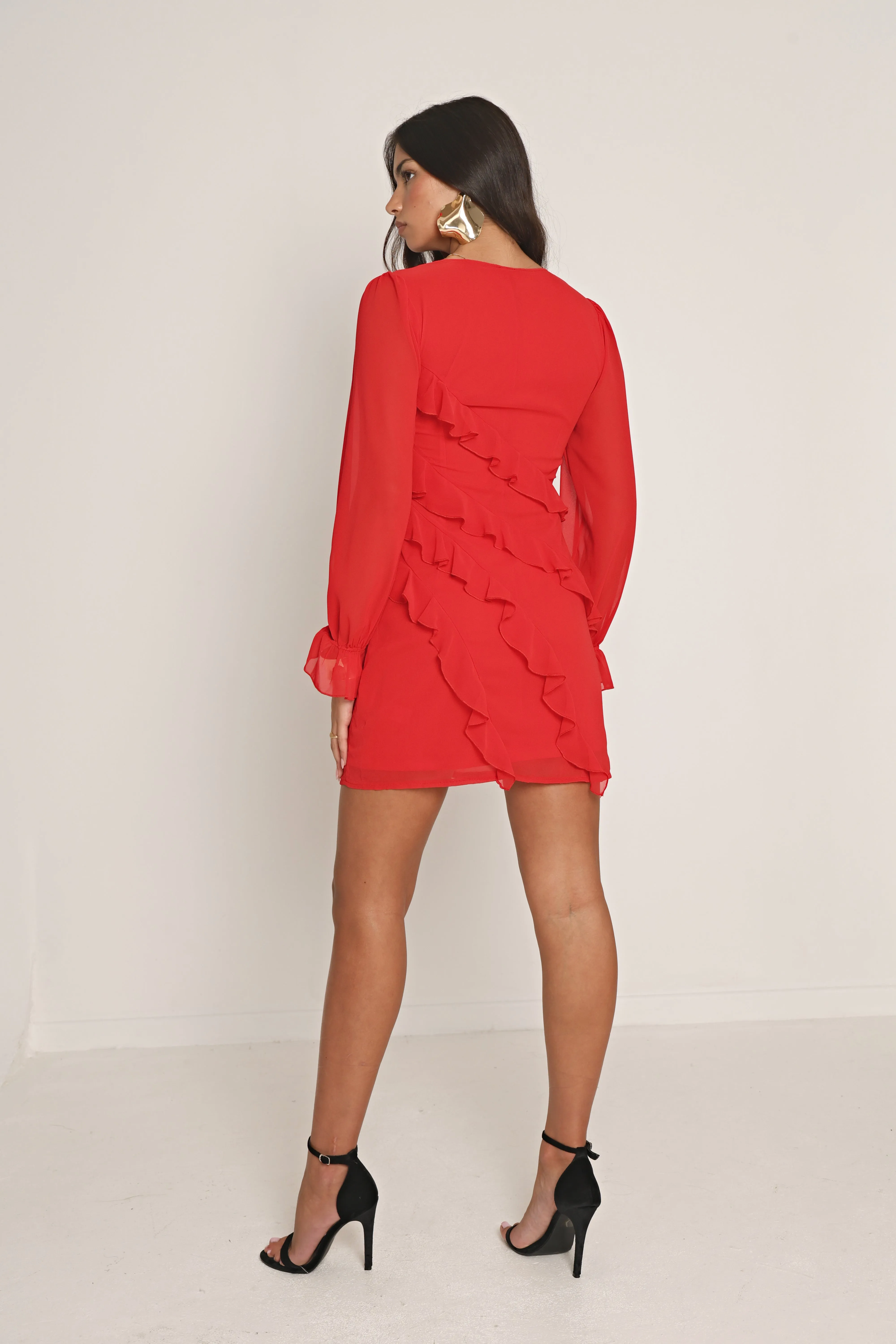 RUFFLE CHIFFON MINI DRESS IN RED