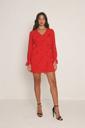 RUFFLE CHIFFON MINI DRESS IN RED