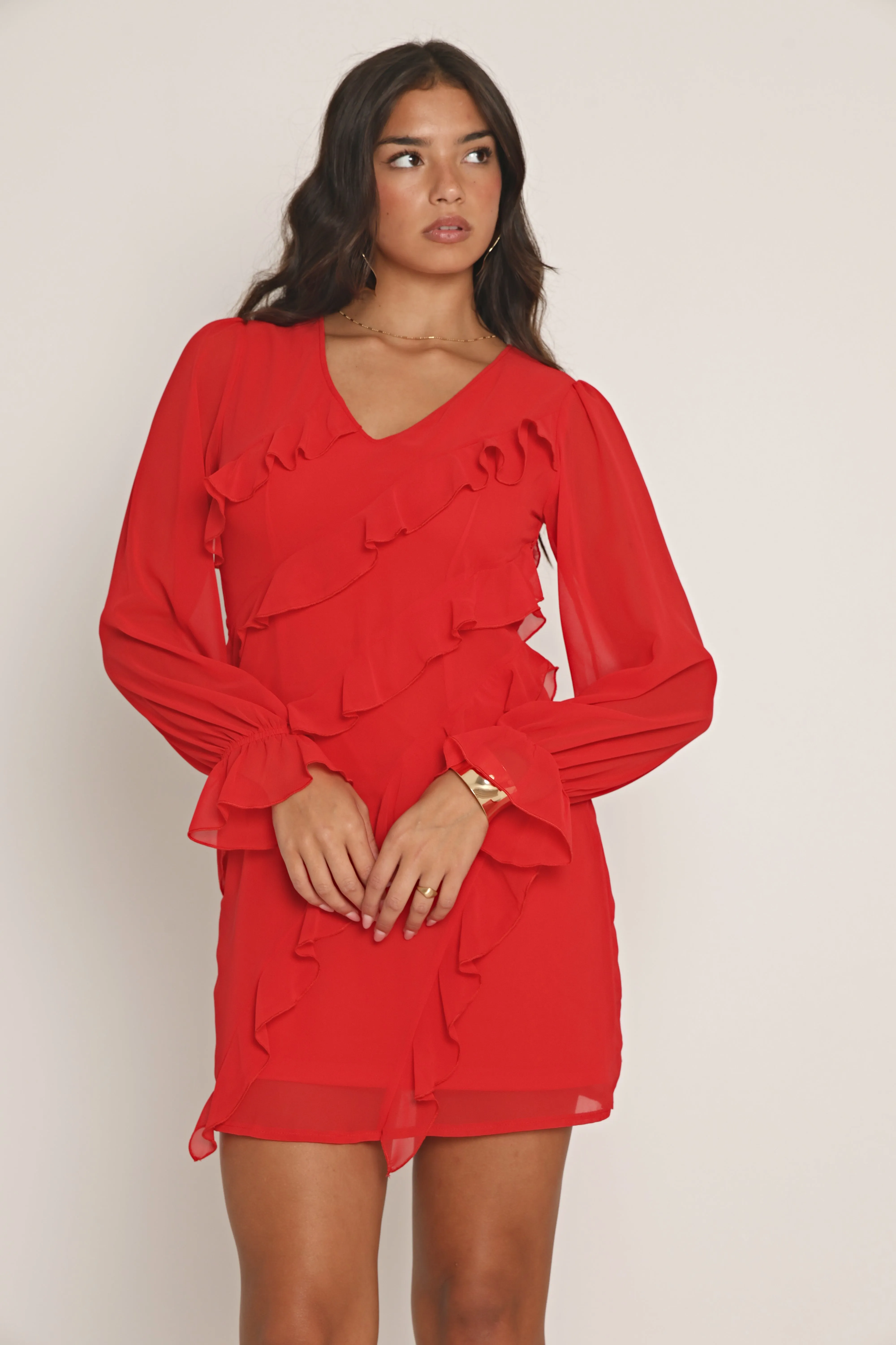 RUFFLE CHIFFON MINI DRESS IN RED