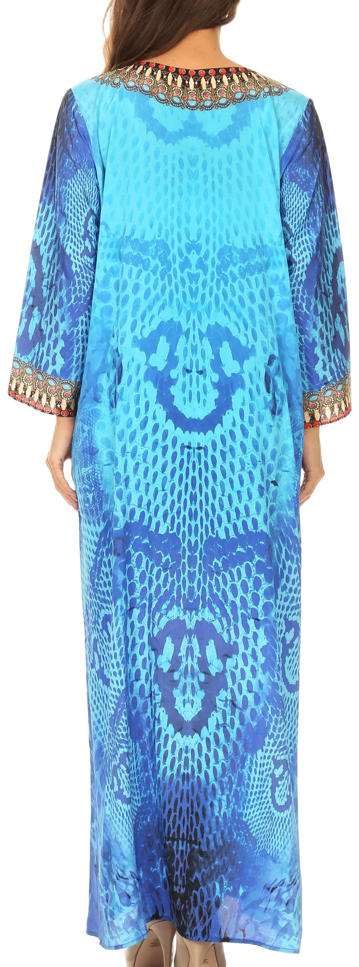 Sakkas Khari V-neck Long Kaftan Dress with Colorful Print and Rhinestones