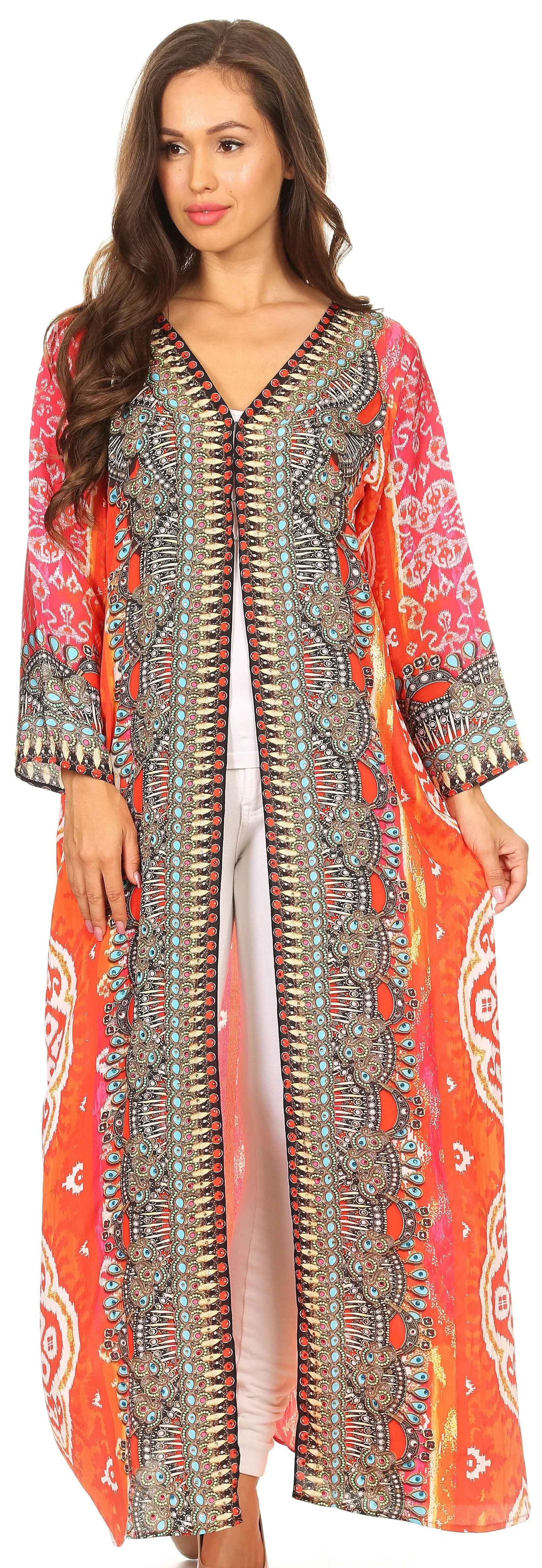 Sakkas Khari V-neck Long Kaftan Dress with Colorful Print and Rhinestones