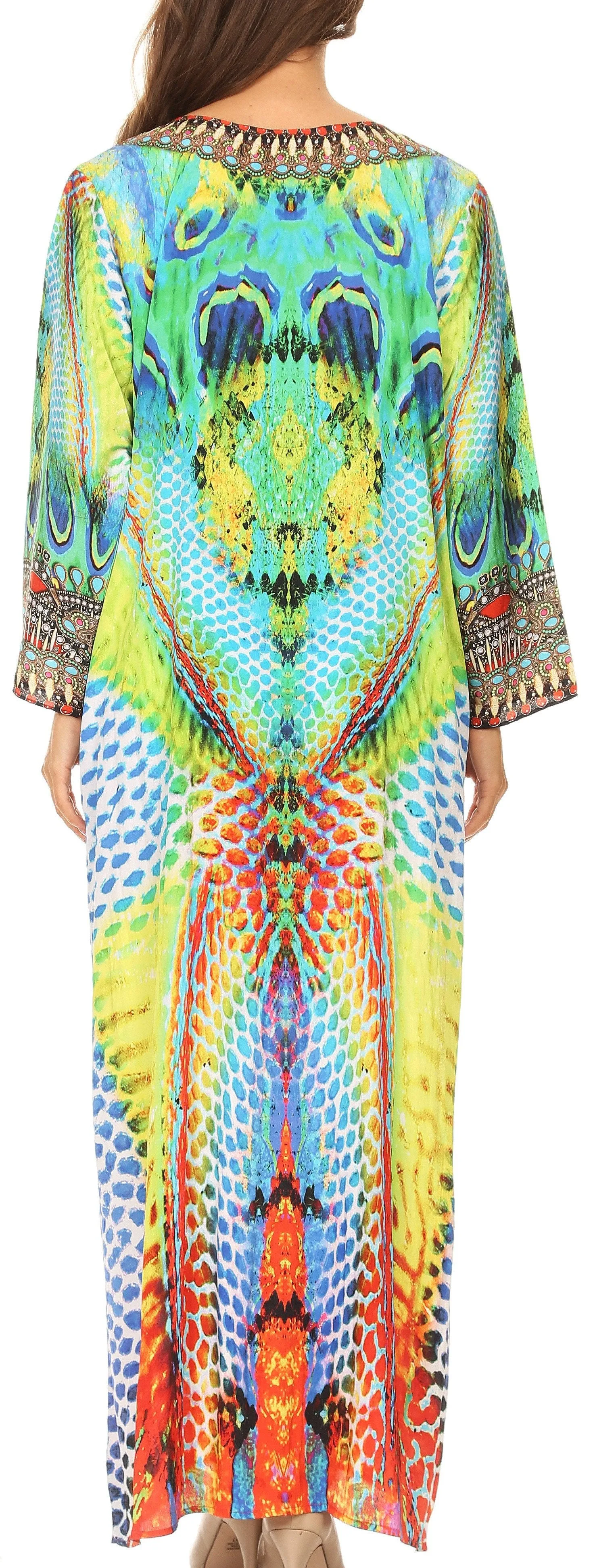 Sakkas Khari V-neck Long Kaftan Dress with Colorful Print and Rhinestones