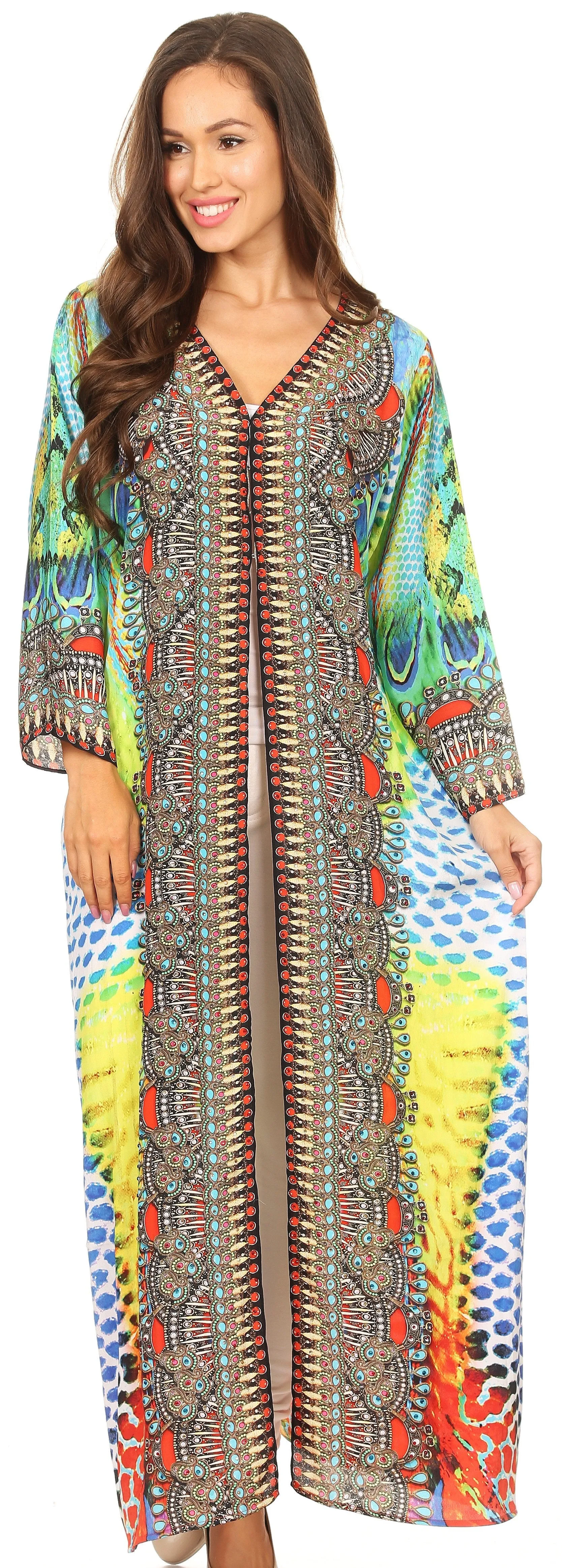 Sakkas Khari V-neck Long Kaftan Dress with Colorful Print and Rhinestones