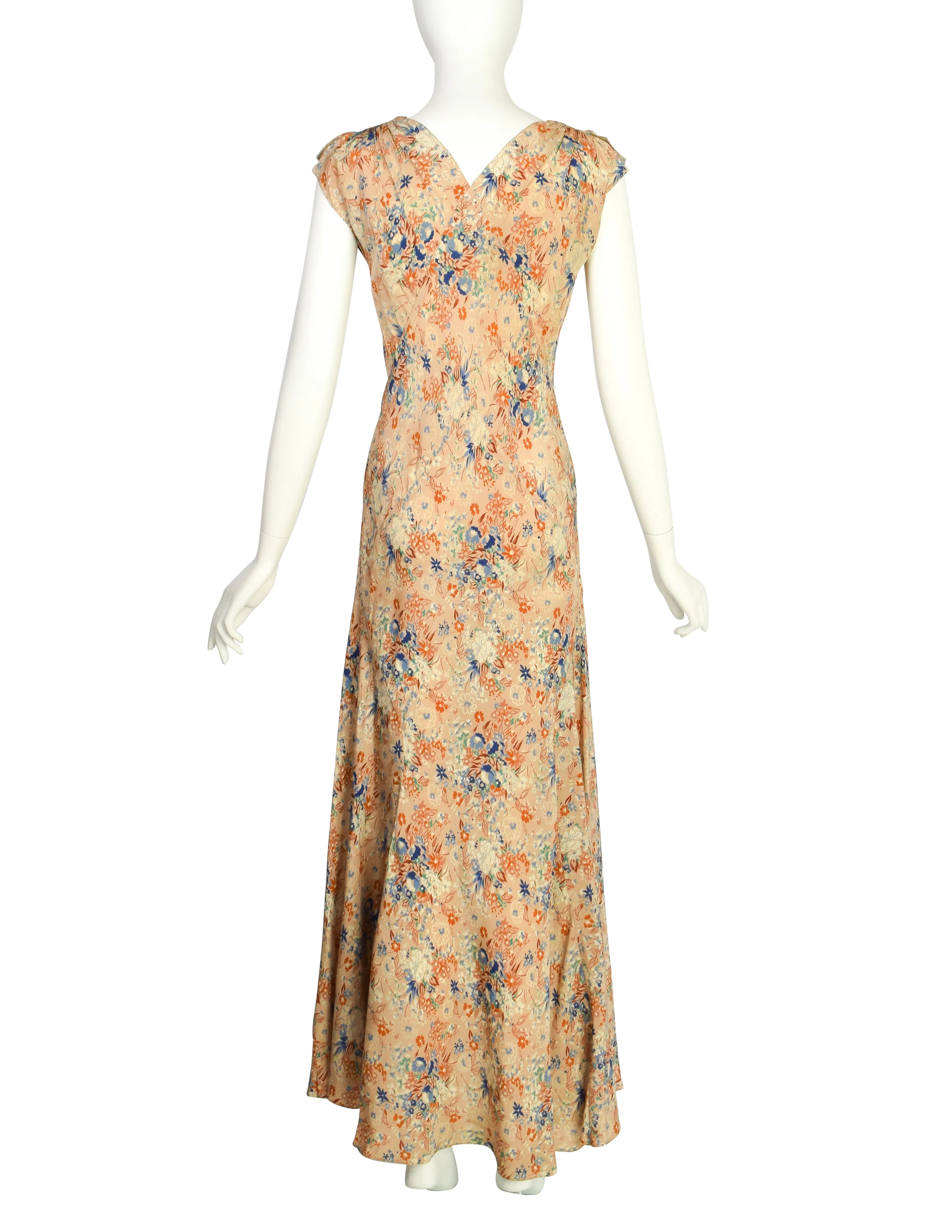 Scruggs Vandervoort & Barney Vintage 1930s Beige Floral Crepe de Chine Bias Dress